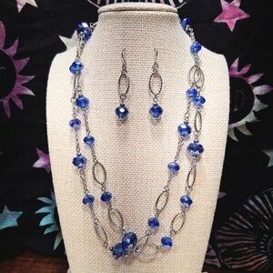 Cobalt Blue Beaded Necklace And Earrings Set Silver Loops Long Doubled Up